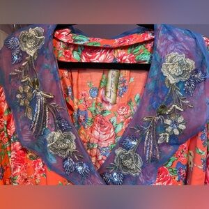 NWT Aratta Thousand Kisses kimono dress Floral Orange Coral Blue embroidered XL